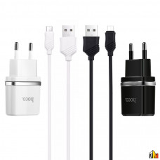 Блок питания сетевой 2 USB HOCO, C12, 2400mA, пластик, кабель микро USB, цвет: белый