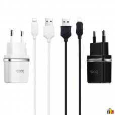 Блок питания сетевой 2 USB HOCO, C12, 2400mA, пластик, кабель Apple 8 pin, цвет: чёрный (1/10/100)
